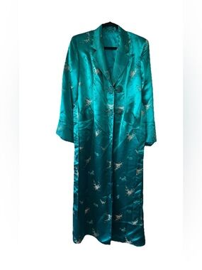 VTG Teal Silk Brocade Asian Robe Duster Coat Frog Button Long S Silk Festival
